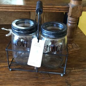 New RAE DUNN LL "LOVE & PEACE” Glass Mason Jars.